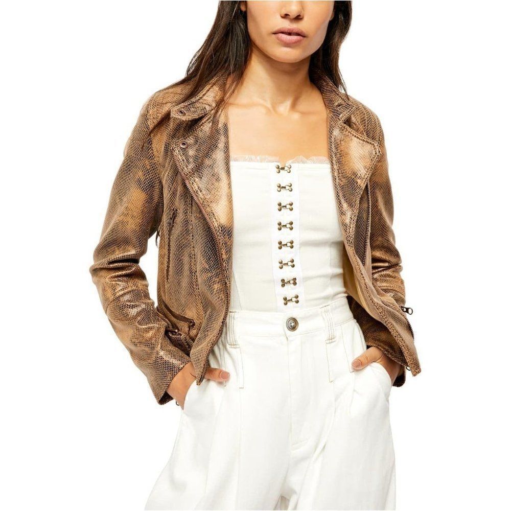 Free People NEW Embossed Faux Vegan-Leather Moto Jacket Medium